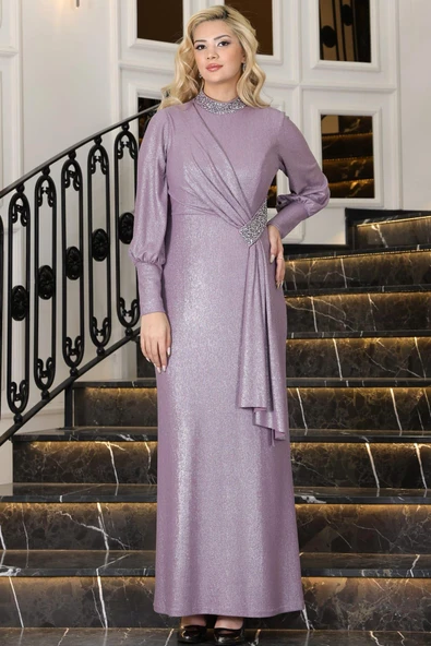 Açelya Sarkaçlı Taşlı Tesettür Abiye Lavanta - Resim 3