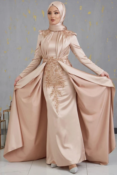 Karaca Önü Drapeli Aplikli Tesettür Abiye Gold - Resim 4