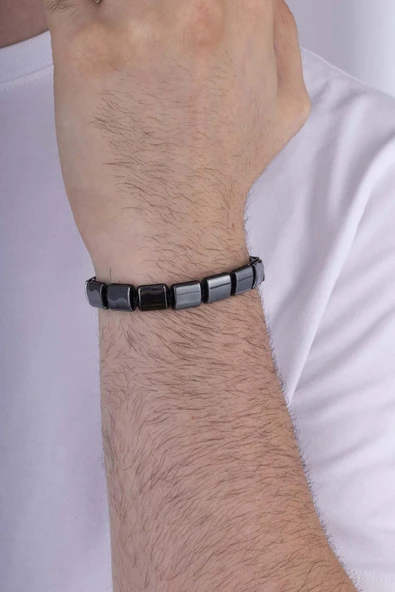 Gümüş Pazarım Dikdörtgen Kesim Hematit Taşlı Doğal Taş Erkek Bileklik - Resim 3
