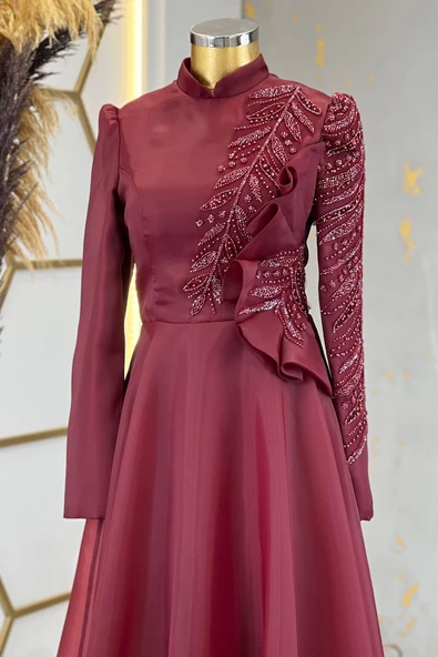 Ela Tesettür Abiye Bordo - Resim 3