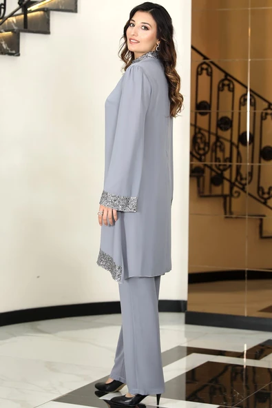 Umay Şifon Tunik Pantolon İkili Tesettür Takım Gri - Resim 3
