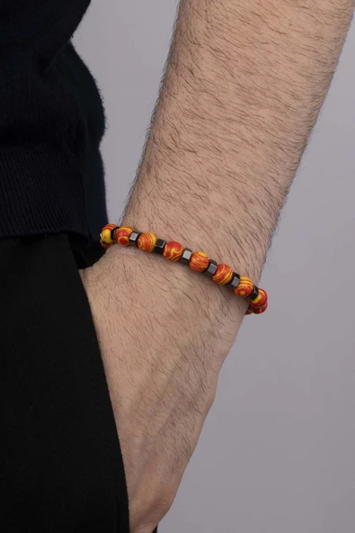 Gümüş Pazarım Sarı Kırmızı Tibet Akik Doğal Taş Erkek Bileklik ürün görseli 1