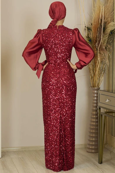 Balon Kollu Pul Payetli Azra Tesettür Abiye Bordo - Resim 5