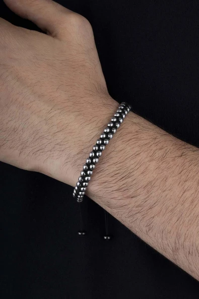 Gümüş Pazarım Çift Sıra Hematit Taşlı Doğal Taş Bileklik - 3