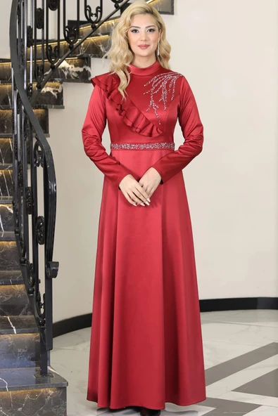 Ada Saten Taşlı Tesettür Abiye Bordo ürün görseli