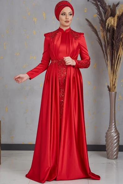 Karaca Önü Drapeli Aplikli Tesettür Abiye Kırmızı ürün görseli