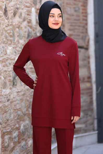 Cemre Tesettür Takım Bordo - Resim 2
