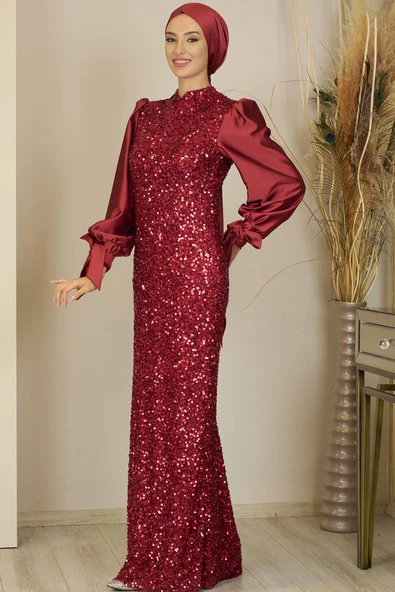 Balon Kollu Pul Payetli Azra Tesettür Abiye Bordo - Resim 4