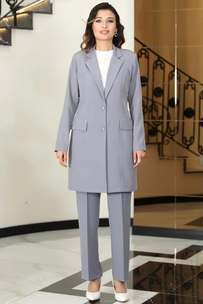 Parla Uzun Ceket Pantolon İkili Tesettür Takım Gri ürün görseli