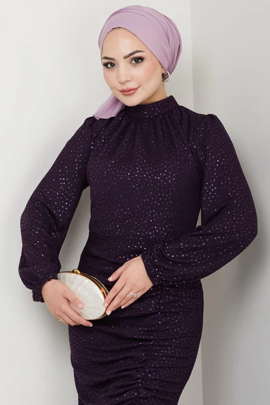 Puantiye Desenli Rüya Tesettür Abiye Mürdüm - Resim 2