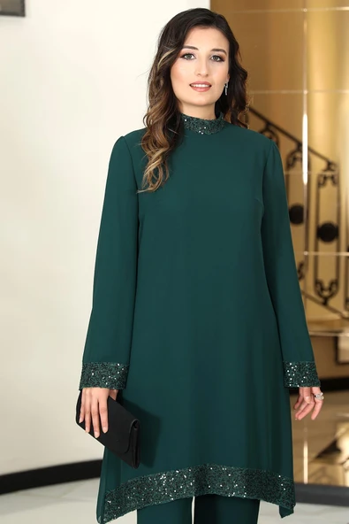 Umay Şifon Tunik Pantolon İkili Tesettür Takım Zümrüt - Resim 2