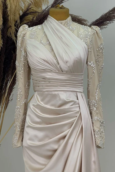 Asude Tesettür Abiye Bej - Resim 2