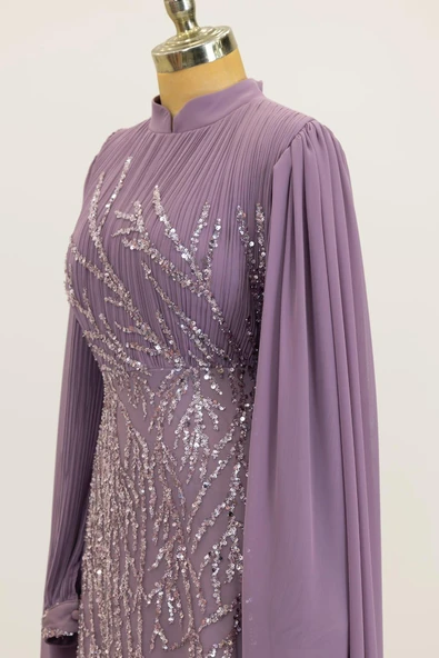 Kolları Pelerinli Ezgi Tesettür Abiye Lila - Resim 3