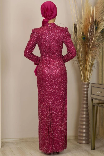 Kollari Fiyonklu Pul Payetli Sultan Tesettür Abiye Fuşya - Resim 5