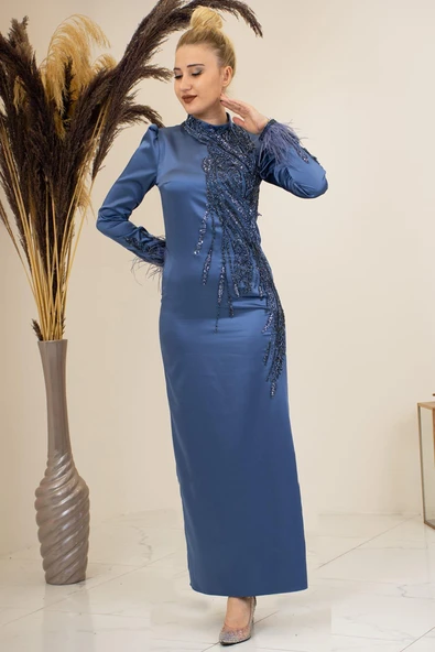 Önü Boncuk Aplik İşleme Kolları Tüylü Nara Tesettür Abiye İndigo ürün görseli