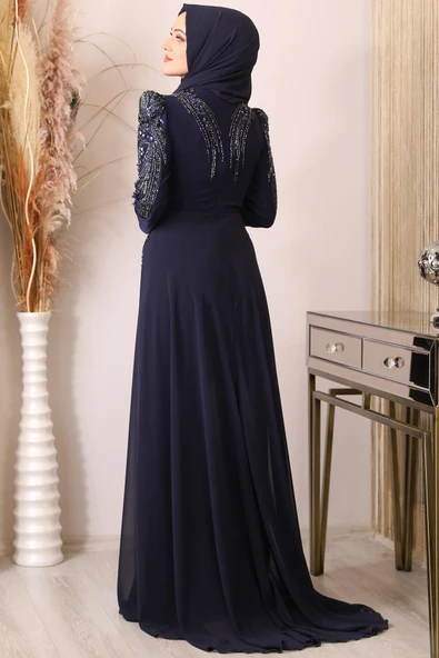 Güneş Boncuk İşlemeli Tesettür Tulum Lacivert - Resim 3