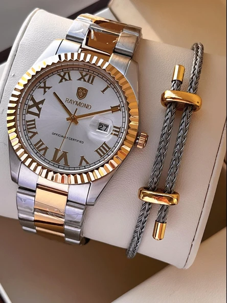 Raymond Nişan Ve Damatlara Özel Çelik Kordon 2 Yıl Garantili 5 Atm Erkek Kol Saati+Bileklik RMD.32 ürün görseli