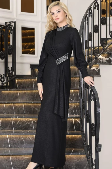 Açelya Sarkaçlı Taşlı Tesettür Abiye Siyah ürün görseli