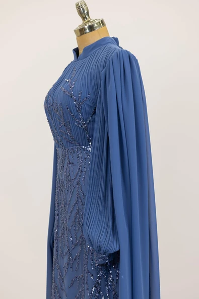 Kolları Pelerinli Ezgi Tesettür Abiye İndigo - Resim 4