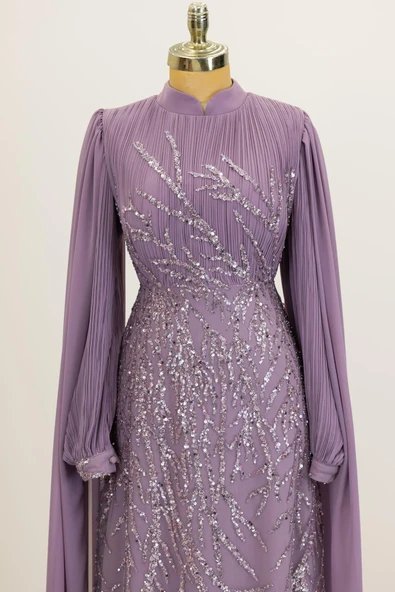 Kolları Pelerinli Ezgi Tesettür Abiye Lila - Resim 2