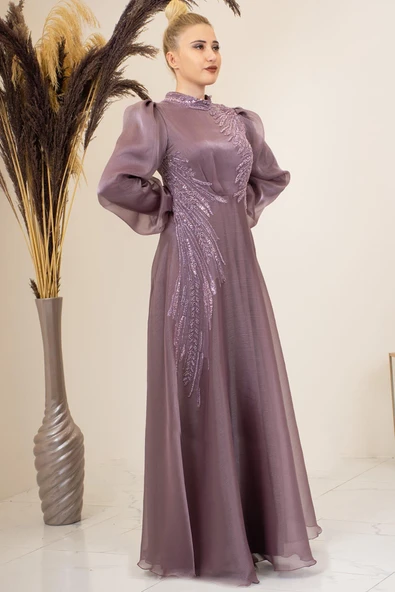 Yağmur Tesettür Abiye Gül Kurusu - Resim 4