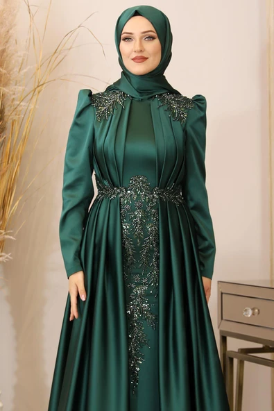 Karaca Önü Drapeli Aplikli Tesettür Abiye Zümrüt - Resim 2