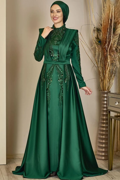Önü Drapeli Kuyruklu Boncuk İşlemeli Miranda Tesettür Abiye Zümrüt ürün görseli