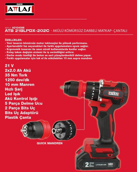 ATTLAS ATB21 BLPDX-202C AKÜLÜ KÖMÜRSÜZ DARBELİ MATKAP 2.0AH A0104098 - 5