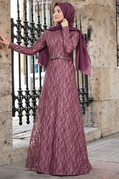 İpek Tesettür Abiye Lila - Resim 4