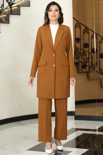 Parla Uzun Ceket Pantolon İkili Tesettür Takım Taba ürün görseli