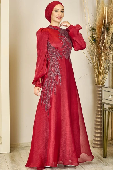 Yağmur Tesettür Abiye Bordo - Resim 3