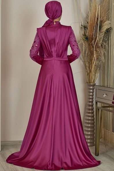 Önü Drapeli Kuyruklu Boncuk İşlemeli Miranda Tesettür Abiye Fuşya - Resim 3