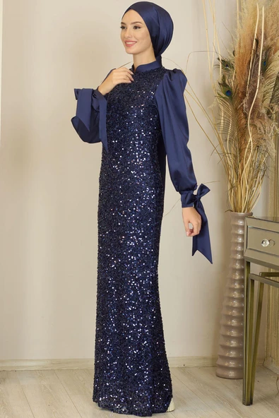 Balon Kollu Pul Payetli Azra Tesettür Abiye Lacivert - Resim 5