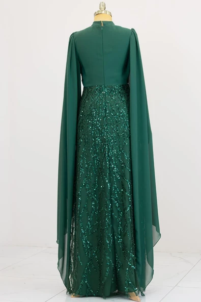 Kolları Pelerinli Ezgi Tesettür Abiye Zümrüt - Resim 5