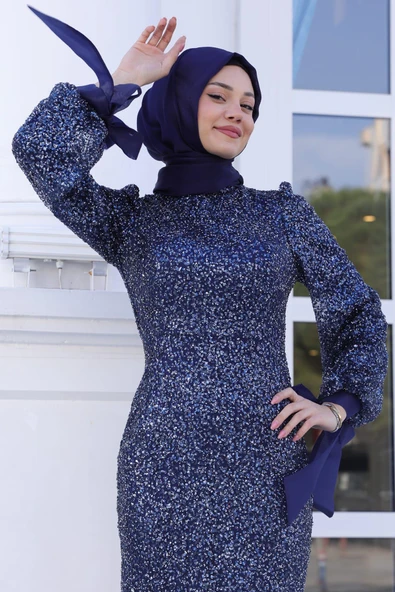 Şimal Tesettür Abiye Lacivert - Resim 2