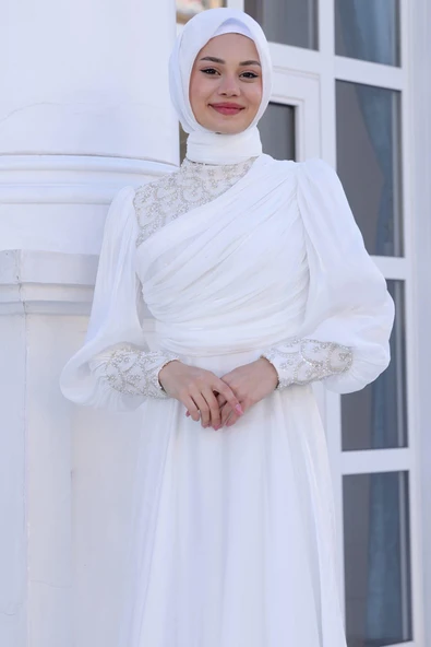 Yağmur Tesettür Abiye Ekru - Resim 2