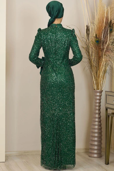 Kollari Fiyonklu Pul Payetli Sultan Tesettür Abiye Zümrüt - Resim 4