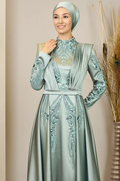 Önü Drapeli Kuyruklu Boncuk İşlemeli Miranda Tesettür Abiye Çağla Yeşili - Resim 2