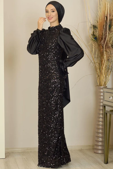Balon Kollu Pul Payetli Azra Tesettür Abiye Siyah - Resim 5