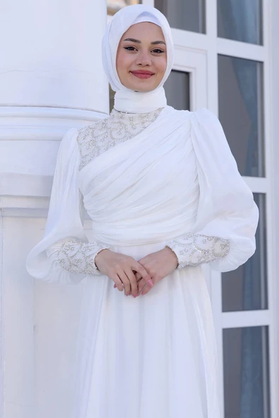 Bahar Tesettür Abiye Ekru - Resim 2