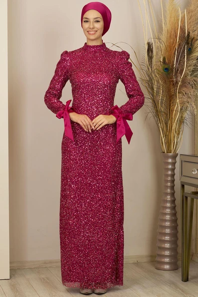 Kollari Fiyonklu Pul Payetli Sultan Tesettür Abiye Fuşya ürün görseli
