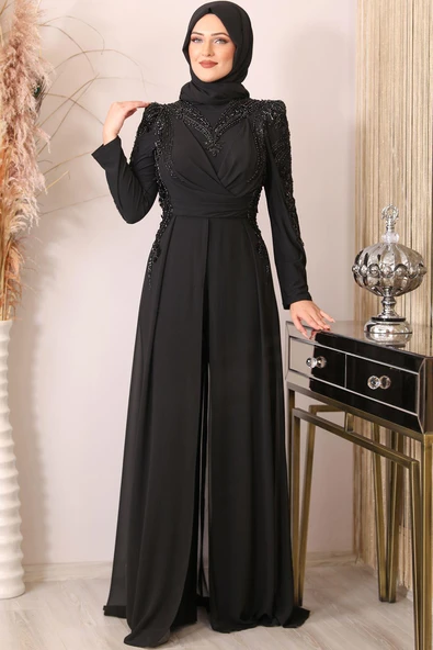 Güneş Boncuk İşlemeli Tesettür Tulum Siyah ürün görseli