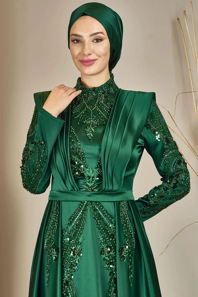 Önü Drapeli Kuyruklu Boncuk İşlemeli Miranda Tesettür Abiye Zümrüt - Resim 2