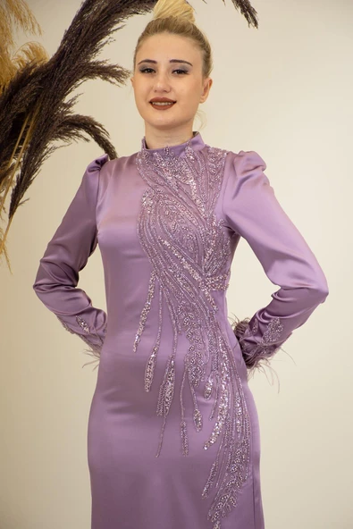 Önü Boncuk Aplik İşleme Kolları Tüylü Nara Tesettür Abiye Gül Kurusu - Resim 2