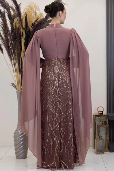 Kolları Pelerinli Ezgi Tesettür Abiye Gül Kurusu - Resim 4