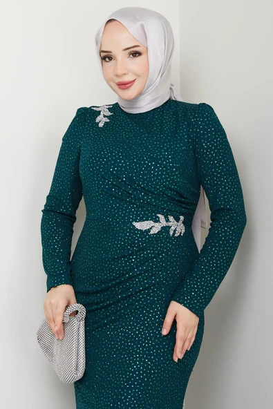 Puantiye Desenli Hayal Tesettür Abiye Zümrüt - Resim 2