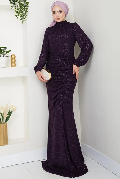 Puantiye Desenli Rüya Tesettür Abiye Mürdüm ürün görseli