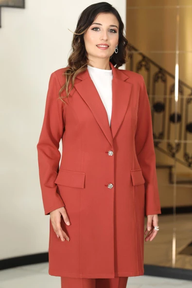 Parla Uzun Ceket Pantolon İkili Tesettür Takım Kiremit - Resim 2