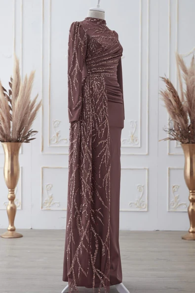 Güneş Tesettür Abiye Kahve - Resim 3