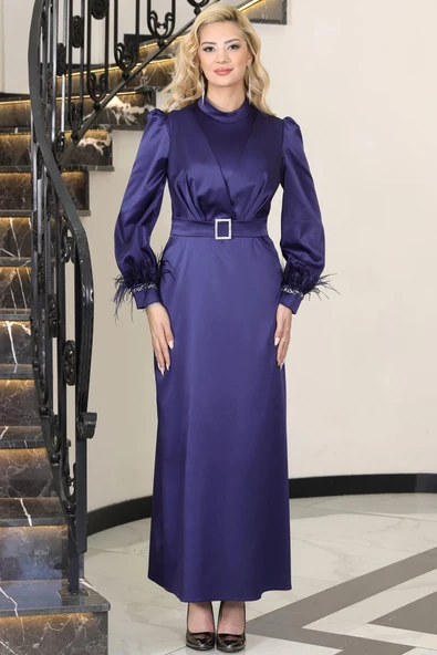 Lara Kemerli Saten Tesettür Abiye Lacivert ürün görseli
